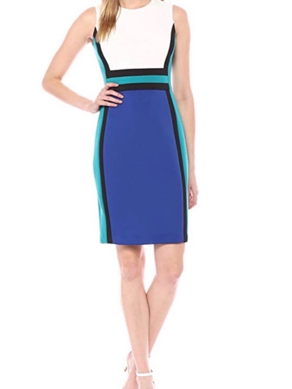 Calvin Klein White, Blue & Teal Colorblock Sheath Dress